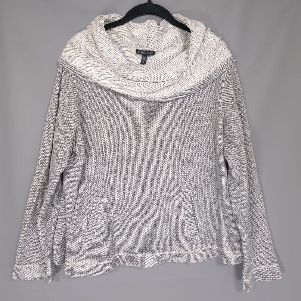 EILEEN FISHER Sweater LARGE Organic Cotton Knit Cowl Neck Gray White R4TCT‎